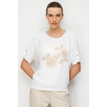 Desen Triko Kadın Sıfır Yaka Önü Nakışlı Penye Bluz Ekru