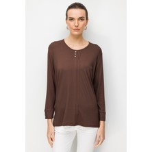 Desen Triko Kadın Sıfır Yaka Uzun Kollu Penye Bluz K.kahve