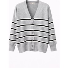 Mixray 7028 Kadın Çizgili Basic Triko Hırka Çi.gri