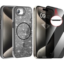 Vendas iPhone 17E Kılıf M-Safe Şarj Özellikli Parlayan Simli Zore Okso Kapak + Hayalet Temperli Ekran Koruyucu