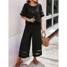 Stelol Kadın Kısa Kollu Bisiklet Yakalı Tül Şerit Detaylı Bluz ve Pantolon Ikili Takım