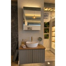 Adn Dizayn 80 cm Vizon Lake Banyo Dolabı Takımı | Masif Doğal Ahşap Tezgahlı | Aynalı Üst Dolap | 42 cm Lavabo