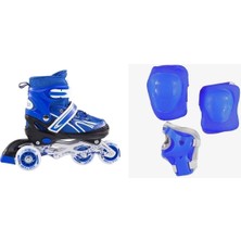 Feyza Design Mavi Ayarlanabilir Çocuk Pateni Seti 2+1+1 Işıklı Çantalı Dizlik