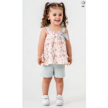 Smile Baby Kız Bebek Askılı Fiyonk Detaylı Desenli Bluz Şort Takım