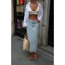 Herton Yüksek Bel  Denim Midi Etek – Arkası Yırtmaçlı Jean Etek