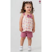 Smile Baby Kız Bebek Askılı Fiyonk Detaylı Desenli Bluz Şort Takım
