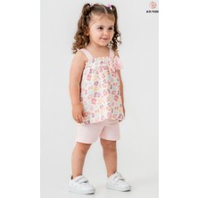 Smile Baby Kız Bebek Askılı Fiyonk Detaylı Desenli Bluz Şort Takım