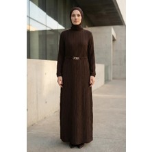 Sefa Merve Bürümcük Kumaş Kuşaklı Elbise 2239-06 Kahverengi