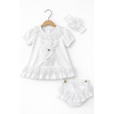 Kardeşler Bebe Dantelli Ayıcıklı Kız Bebek Elbise Takım – Saç Bantlı 3’lü Set