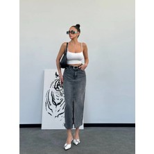 Herton Kadın Yüksek Bel Yırtmaçlı Uzun Kot Etek – %100 Pamuk Füme Denim