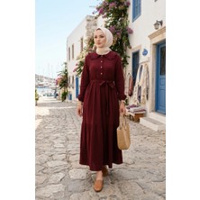 Sefa Merve Müslin Kumaş Fırfır Yaka Beli Kuşaklı Elbise 0253-06 Bordo