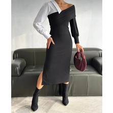 Stilera Kadın Tek Omuz Gömlek Detaylı Yırtmaçlı Midi Boy Şık Elbise