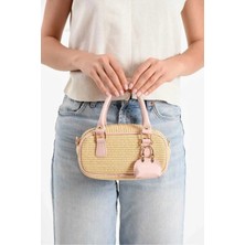 Kadın Hasır El ve Kol Omuz Çantası Pudra