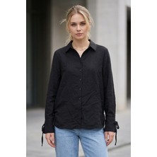 Lupinn Kadın Siyah Classic Regular Fit Uzun Kollu Düğmeli Dokuma Gömlek – Kadın Gömlek Bluz