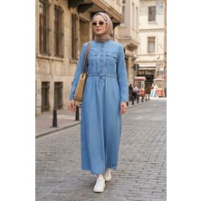 Yarım Düğmeli Beli Bağcıklı Kot Elbise 28012-01 Mavi