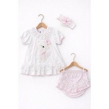 Kardeşler Bebe Dantelli Ayıcıklı Kız Bebek Elbise Takım – Saç Bantlı 3’lü Set