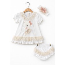 Kardeşler Bebe Dantelli Ayıcıklı Kız Bebek Elbise Takım – Saç Bantlı 3’lü Set