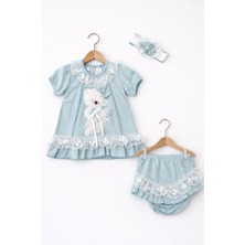 Kardeşler Bebe Dantelli Ayıcıklı Kız Bebek Elbise Takım – Saç Bantlı 3’lü Set