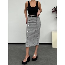 Herton Kadın Yüksek Bel Düğmeli Denim Midi Etek – %100 Pamuk