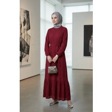 Büzgülü Dokulu Kuşaklı Elbise 2242-06 Bordo