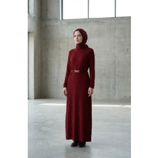 Bürümcük Kumaş Kuşaklı Elbise 2239-04 Bordo