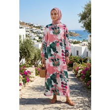 Önü Düğmeli Kolu Lastikli Elbise 0250-02 Pembe Yeşil