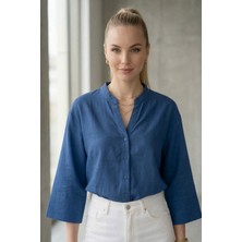 Lupinn Kadın Mavi Classic Regular Fit Düğmeli Uzun Kollu Dokuma Rahat Kesim Gömlek – Kadın Gömlek Bluz