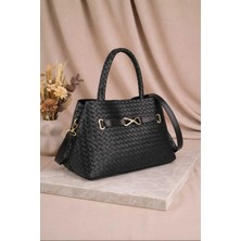 Kadın Örgü Desen Kemer Datay El ve Kol Çantası Siyah