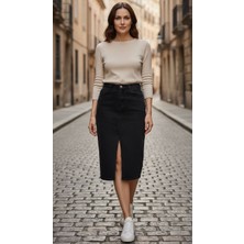 Füme Style Kadın Yüksek Bel Önden Yırtmaçlı Cepli Midi Jean Kot Etek