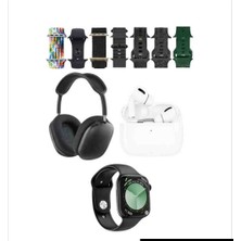 Karler Bass K32 Kombo 7 Adet Kordon Akıllı Saat Airpods Kulaklık Kafa Üstü Kablosuz Kulaklık Set - Siyah
