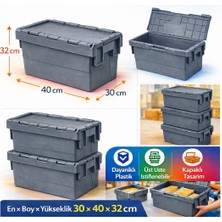 Aslan Plastik Palet 9lu 30*40*32 cm  Gri Menteşe Kapaklı Plastik Kasa