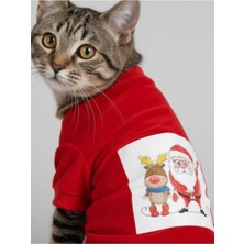 Feyza Design Kırmızı Noel Baba ve Rudolph Kedi Tişörtü - Eğlenceli Üst Giyim