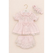 Kardeşler Bebe Dantel Detaylı Fiyonklu Kız Bebek Takım 3 Parça Yazlık Pamuklu Elbise Şort & Bandana