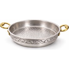 Copper Empire 22X4,5 cm Gümüş Kaplama Bakır Tava Çift Kulplu Işlemeli Sunum ve Pişirme Tavası 750 gr