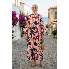 Kolu Lastikli Düğmeli Desenli Elbise 0252-04 Bordo Somon