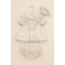 Kardeşler Bebe Dantel Detaylı Fiyonklu Kız Bebek Takım 3 Parça Yazlık Pamuklu Elbise Şort & Bandana