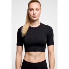Flex Premium Siyah Kısa Kol Compression Kadın Crop T-Shirt Spor Büstiyer Bluz Yoga Pilates Fitness Koşu