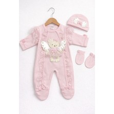 Kardeşler Bebe Dantelli Kanatlı Ayıcık Figürlü Kız Bebek Patikli Tulum Takımı