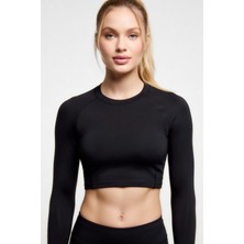 Flex Premium Siyah Uzun Kol Compression Kadın Crop T-Shirt Spor Büstiyer Bluz Yoga Pilates Fitness Koşu