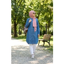 Sefa Merve Boydan Düğmeli Uzun Kot Tunik 0210-01 Mavi