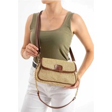 Kadın Hasır Zincir Askı Çarpraz Kol Omuz Çantası Taba