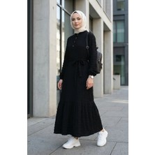 Sefa Merve Gofre Kumaş Kolu Lastikli Elbise 2243-01 Siyah