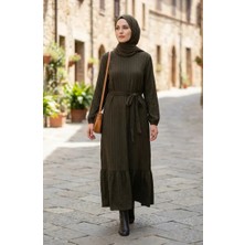 Büzgülü Dokulu Kuşaklı Elbise 2242-03 Haki