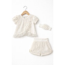 Kardeşler Bebe Kız Bebek Dantelli Şortlu Takım & Saç Bandı – 3’lü Pembe