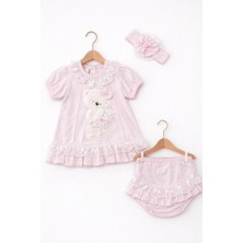 Kardeşler Bebe Dantelli Ayıcıklı Kız Bebek Elbise Takım – Saç Bantlı 3’lü Set