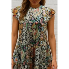 Sidelya Concept Kadın Kısa Kollu Kolları Fırfırlı Bisiklet Yakalı Kare Desenli Elbise