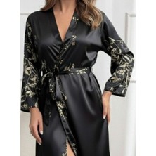 Civetta Kadın Uzun Kollu V Yakalı Çiçek Baskılı Belden Kuşaklı Midi Saten Gecelik