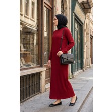 Boğazlı Yaka Fitilli Tesettür Elbise 2188-03 Bordo