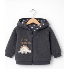 For My Baby Kapüşonlu Wellsoft Hırka Peluş Kumaşla Eğlenceli Dinozor Desenli