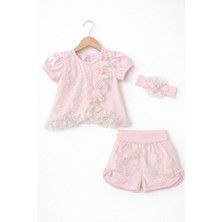 Kardeşler Bebe Kız Bebek Dantelli Şortlu Takım & Saç Bandı – 3’lü Pembe